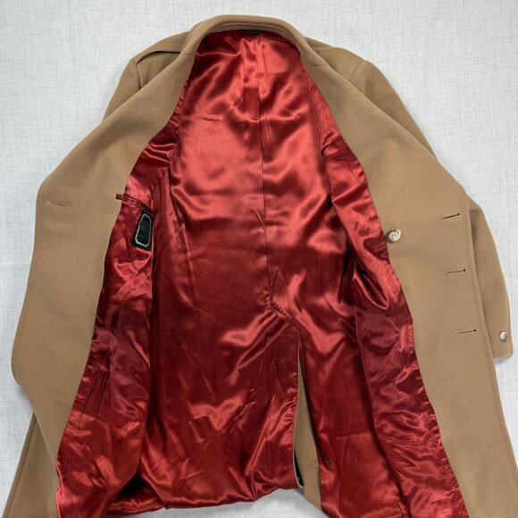 VTG Overcoat Tan Wool Double Breasted Red Satin Lined Coat Mitchell Daroff - Picture 3 of 16
